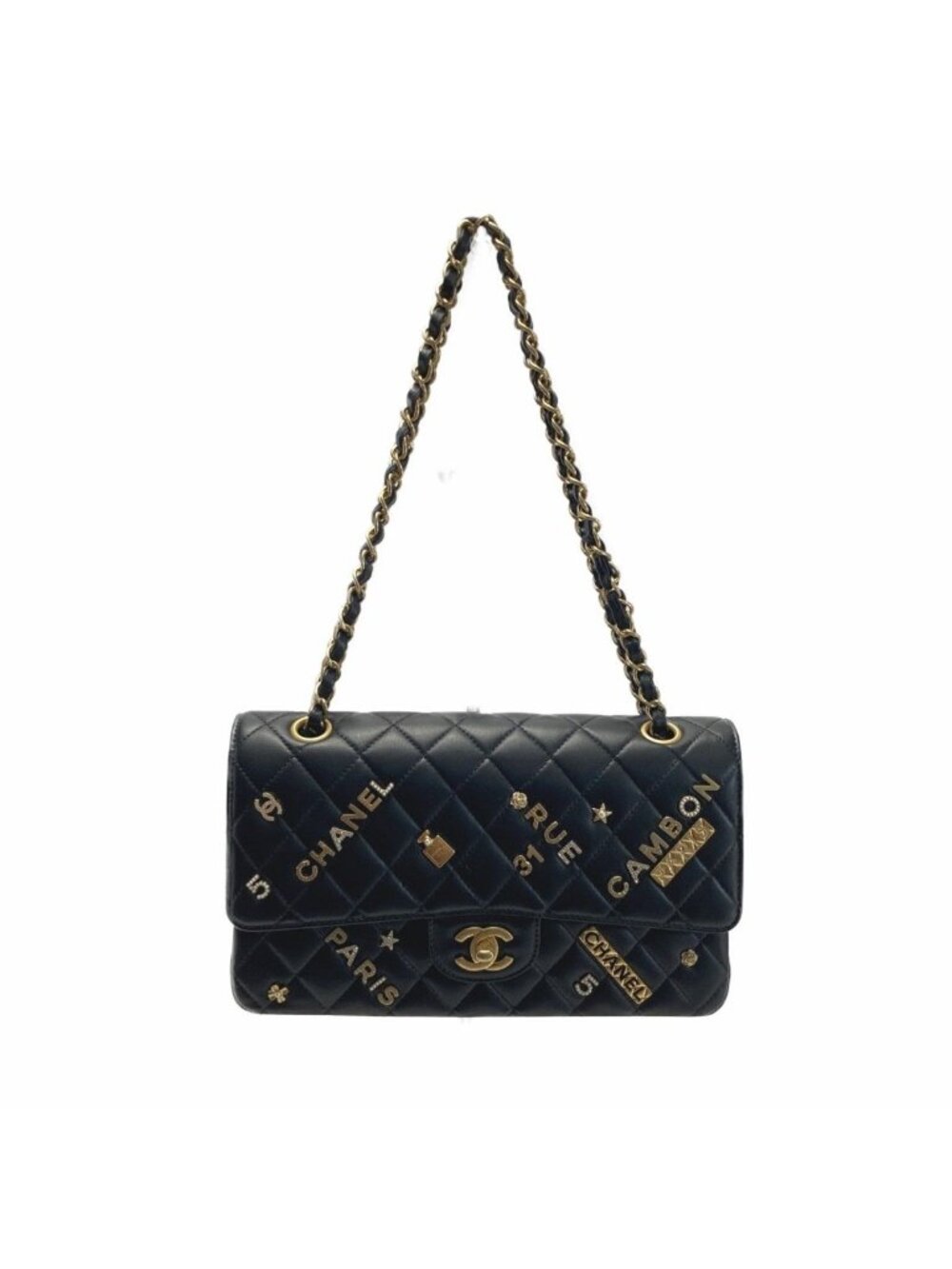 Chanel Quilted Double Flap Icon Charm Chain Shoulder Bag Black Lambskin